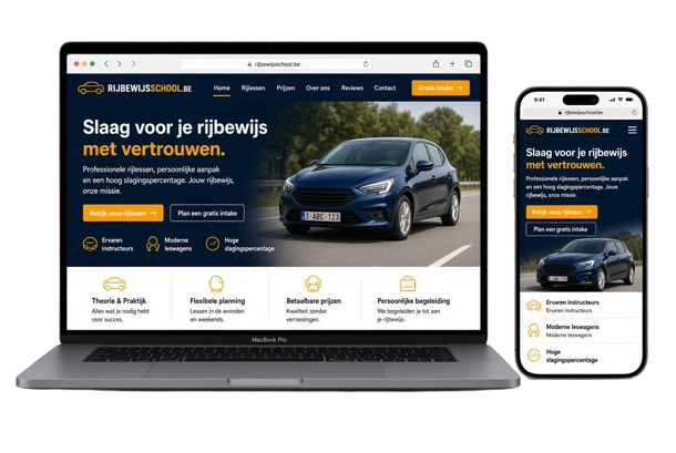 Rijbewijsschool.be website weergegeven op laptop en smartphone